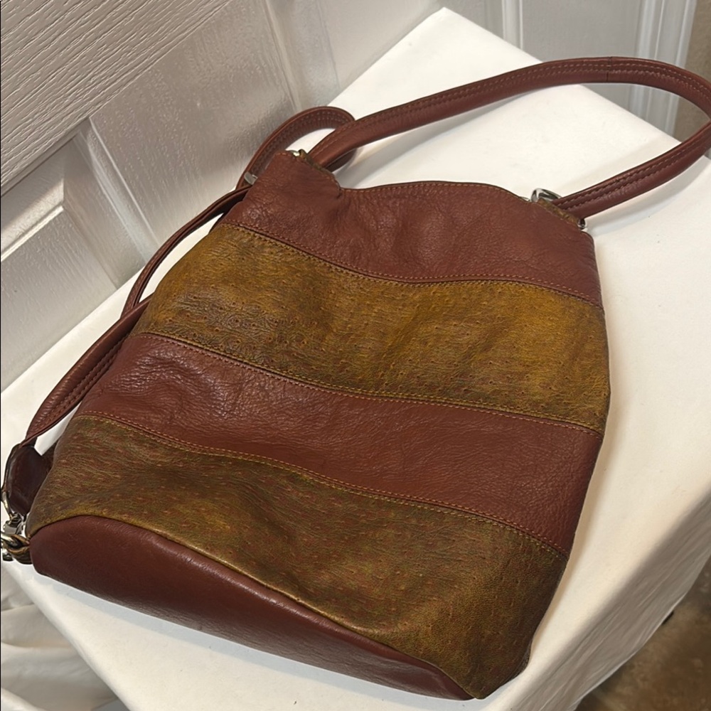 Danilo’s Leather Brown and Tan 
Bucket Shoulder Bag 12x11”